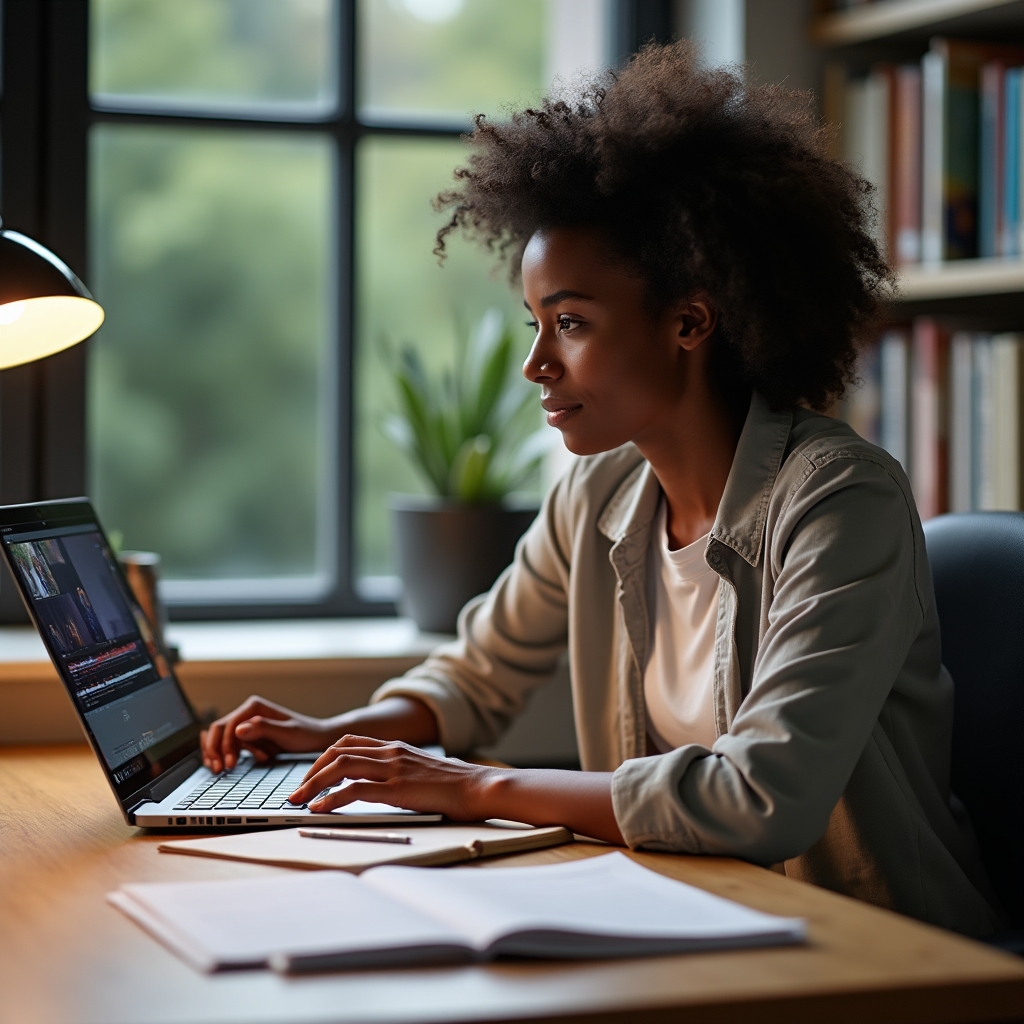 Praca nad materiałami po webinarze na laptopie w jasnym biurze