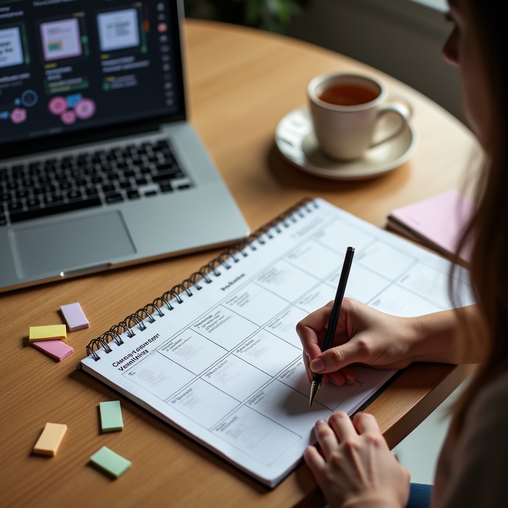 Planowanie tematyki webinaru przy biurku z notatnikiem